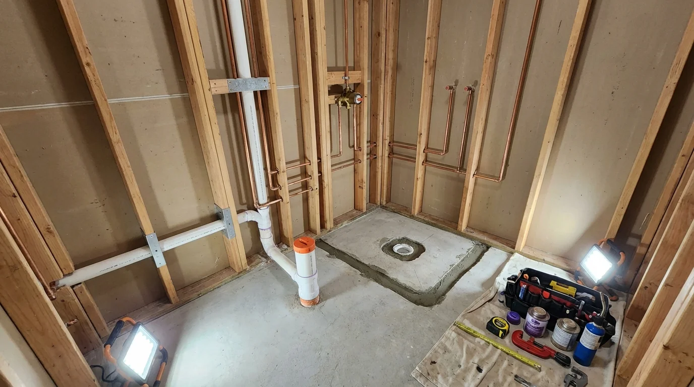Bathroom rough-in plumbing during remodel by Johns Plumbing LLC in Pine Mountain Club