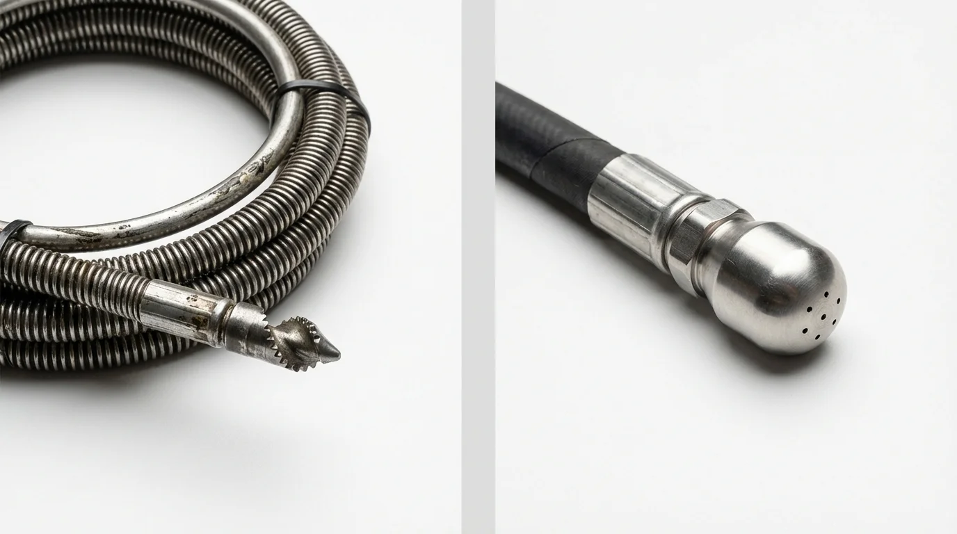 Drain snake cable and hydro jetting nozzle used for drain cleaning in Pine Mountain Club, CA