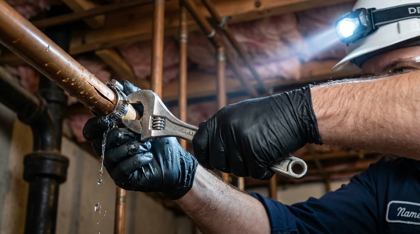 Emergency pipe clamp repair being performed by a Johns Plumbing LLC plumber in Pine Mountain Club