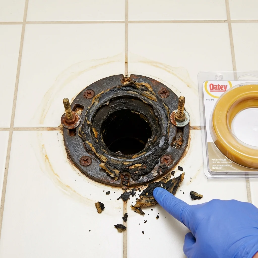 Failed wax ring showing water seepage at the base of a toilet in a Pine Mountain Club, CA home
