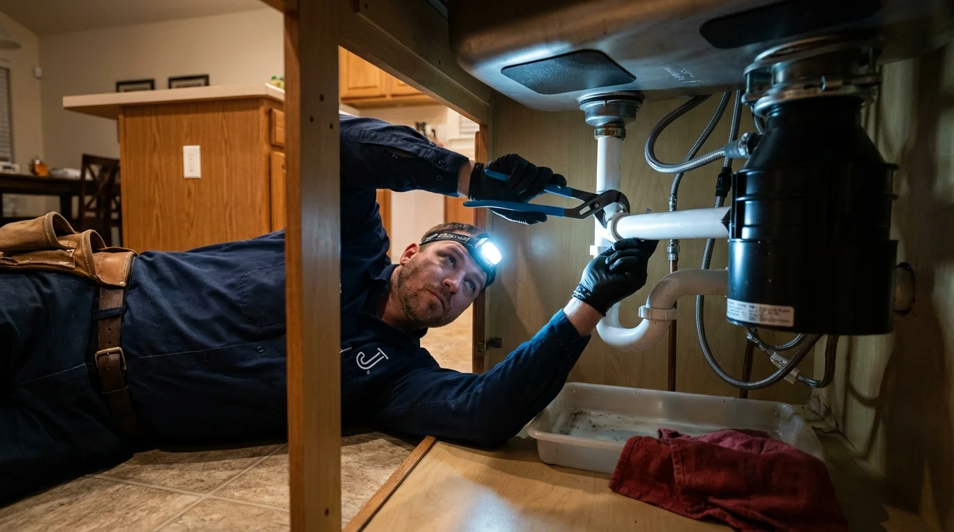 P-trap and supply line connections under a kitchen sink showing a common leak point in Pine Mountain Club, CA